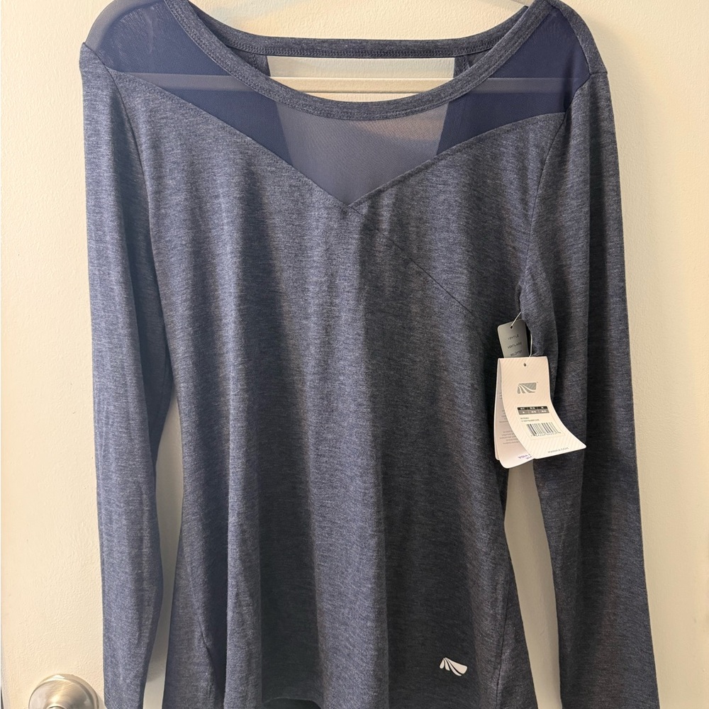 Marika Long-Sleeve Mesh Yoke Top in Navy